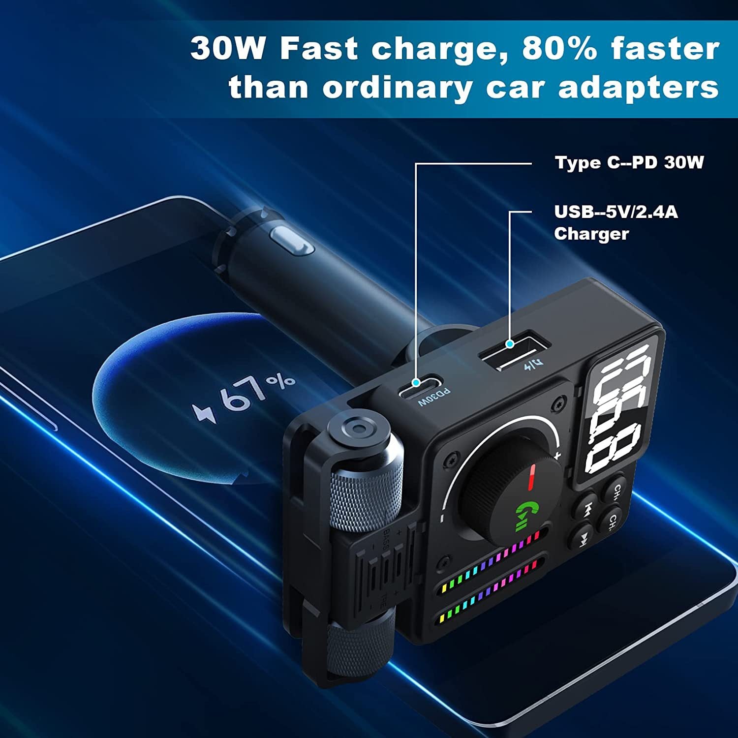 MT01 Ambient Light Car Bluetooth Adapter FM Transmitter MP3 Music Player Type-C + USB Car Charger
