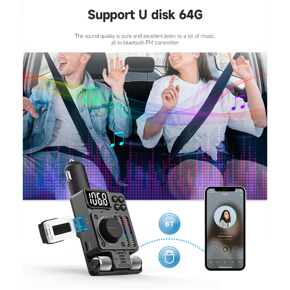 MT01 Ambient Light Car Bluetooth Adapter FM Transmitter MP3 Music Player Type-C + USB Car Charger
