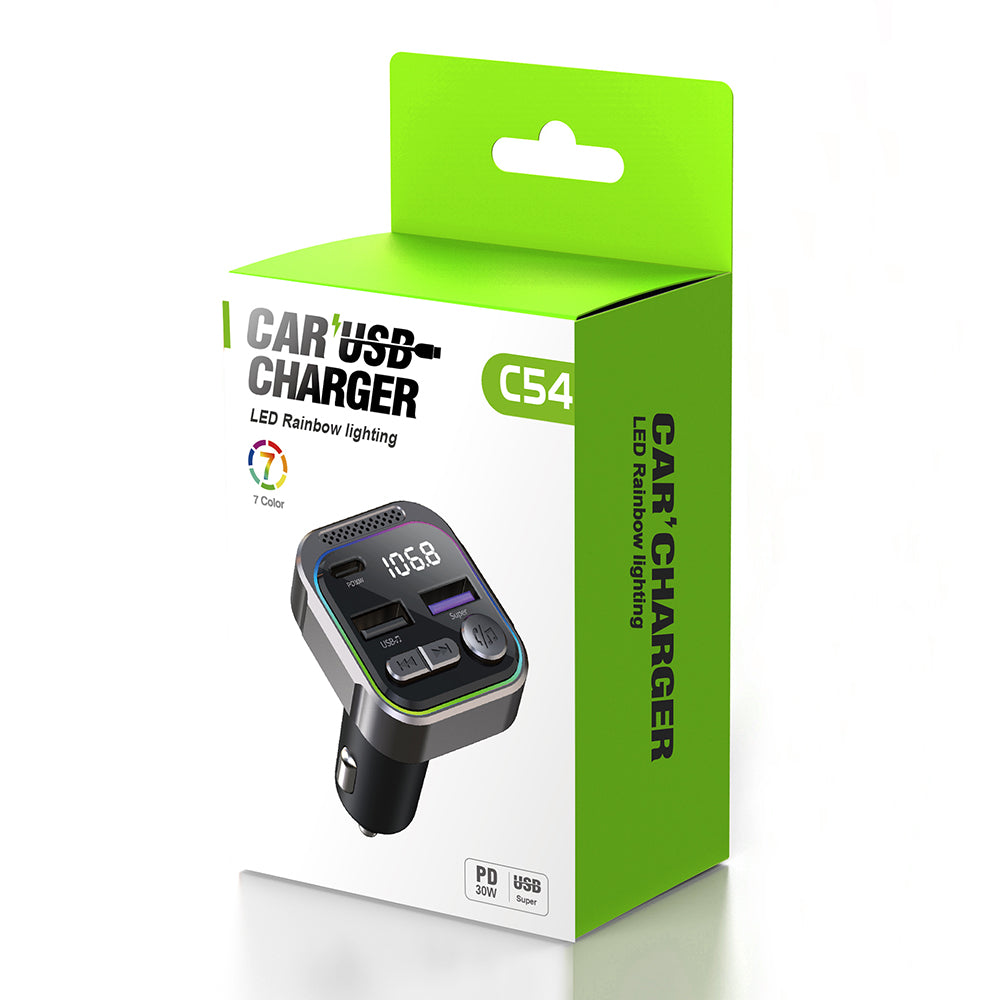 C54 Alloy Car Bluetooth Adapter FM Transmitter MP3 Player PD 30W Type-C + Dual USB Car Charger