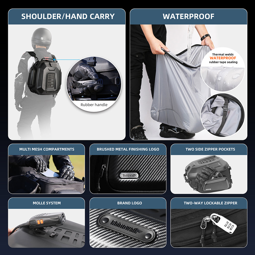 RHINOWALK MT2335 23L-35L Expandable Hardshell Motorcycle Tail Bag Polyester Backpack Shoulders Bag