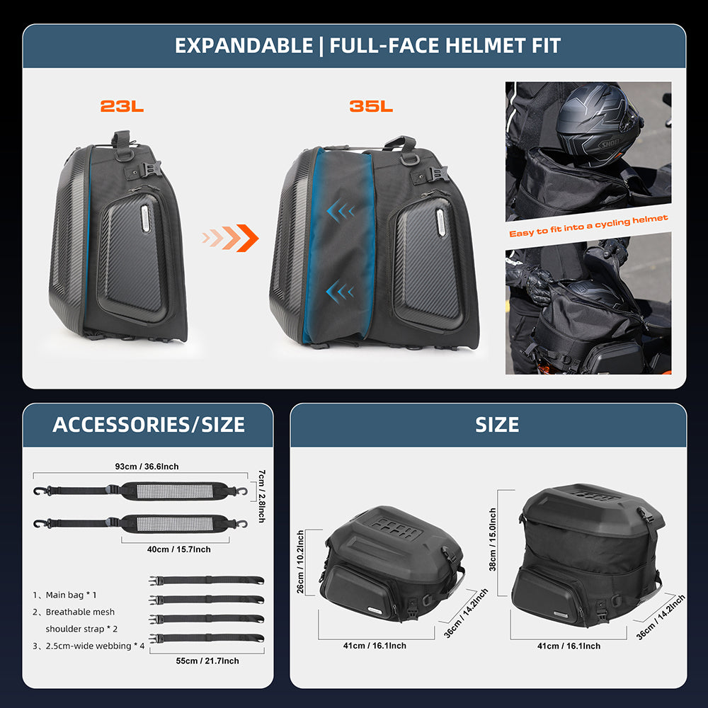 RHINOWALK MT2335 23L-35L Expandable Hardshell Motorcycle Tail Bag Polyester Backpack Shoulders Bag