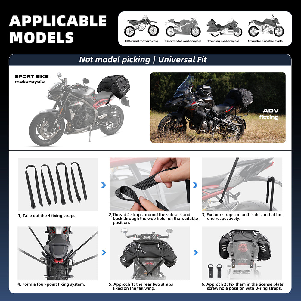 RHINOWALK MT3550BK 35-50L Bilateral Expandable Motorcycle Tail Bag Rear Seat Bag