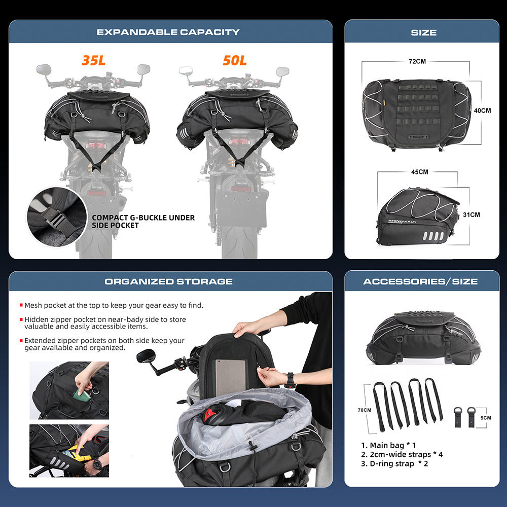 RHINOWALK MT3550BK 35-50L Bilateral Expandable Motorcycle Tail Bag Rear Seat Bag