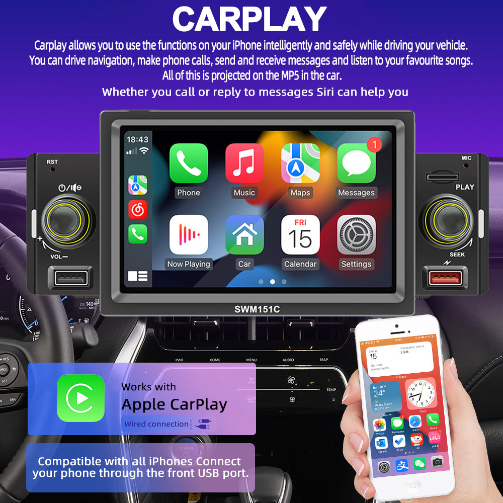 SWM151C 5-inch Display Car Play Mobile Phone Interconnection Car Bluetooth MP5 Player