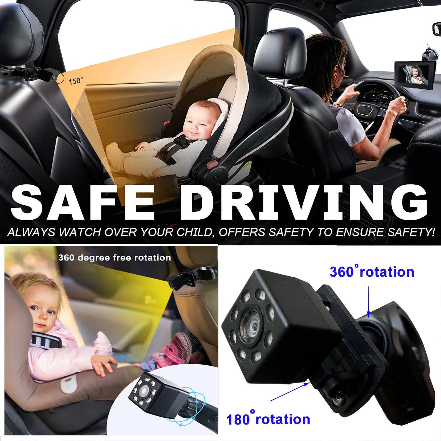RH-B01 4.3 Inch 8-LED Baby Safety Monitor Night Vision Car Back Seat Camera
