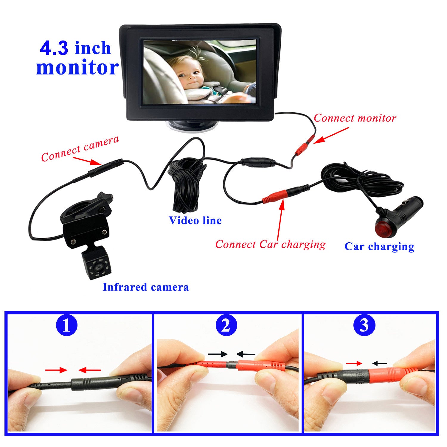 RH-B01 4.3 Inch 8-LED Baby Safety Monitor Night Vision Car Back Seat Camera
