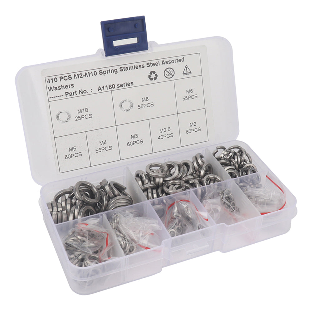 A1180 410Pcs M2-M10 Stainless Steel Assorted Spring Washers with Plastic Box