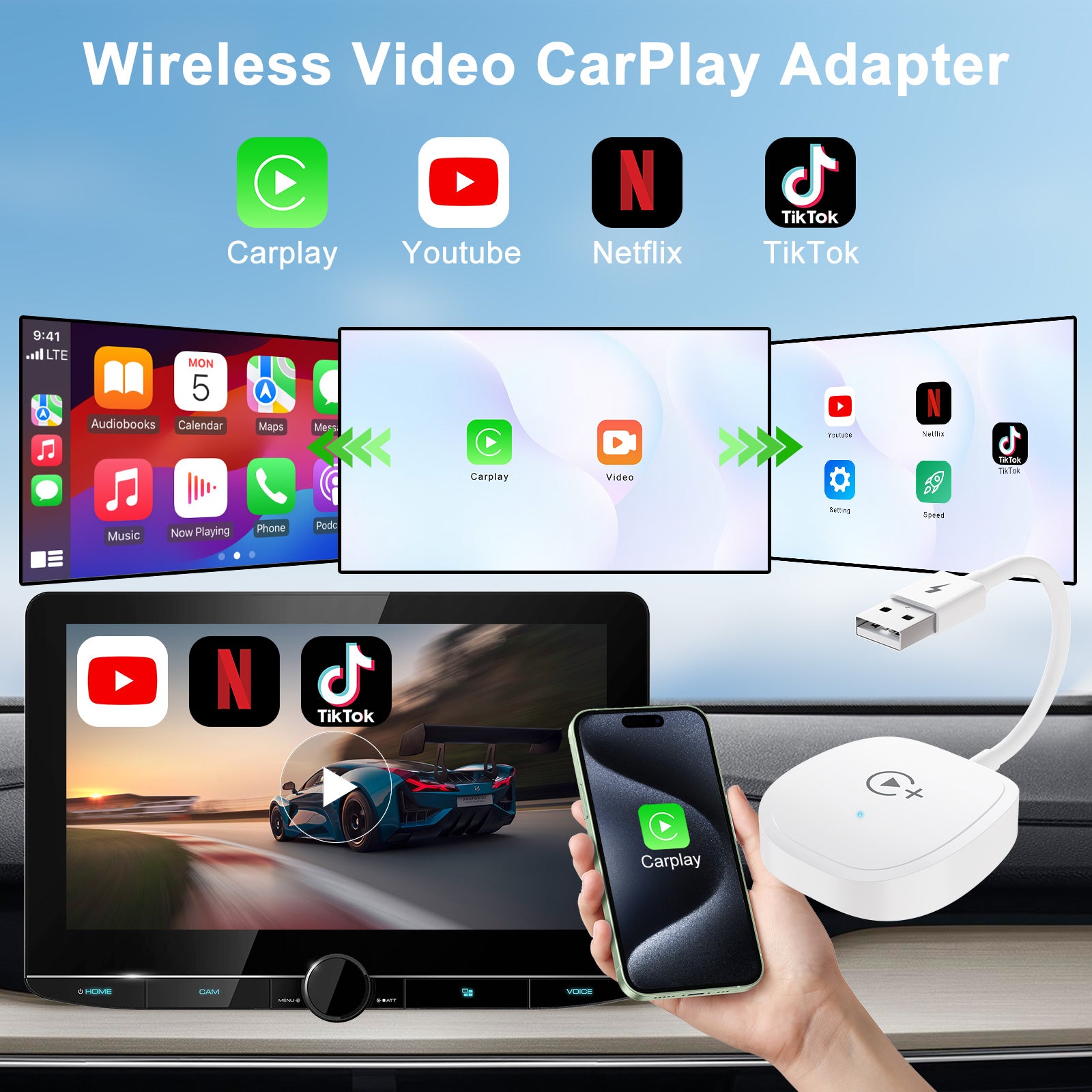 020-7+ Wireless Video / Car Play Adapter Car System Wired to Wireless Car Player Supports YouTube / Netflix / TikTok