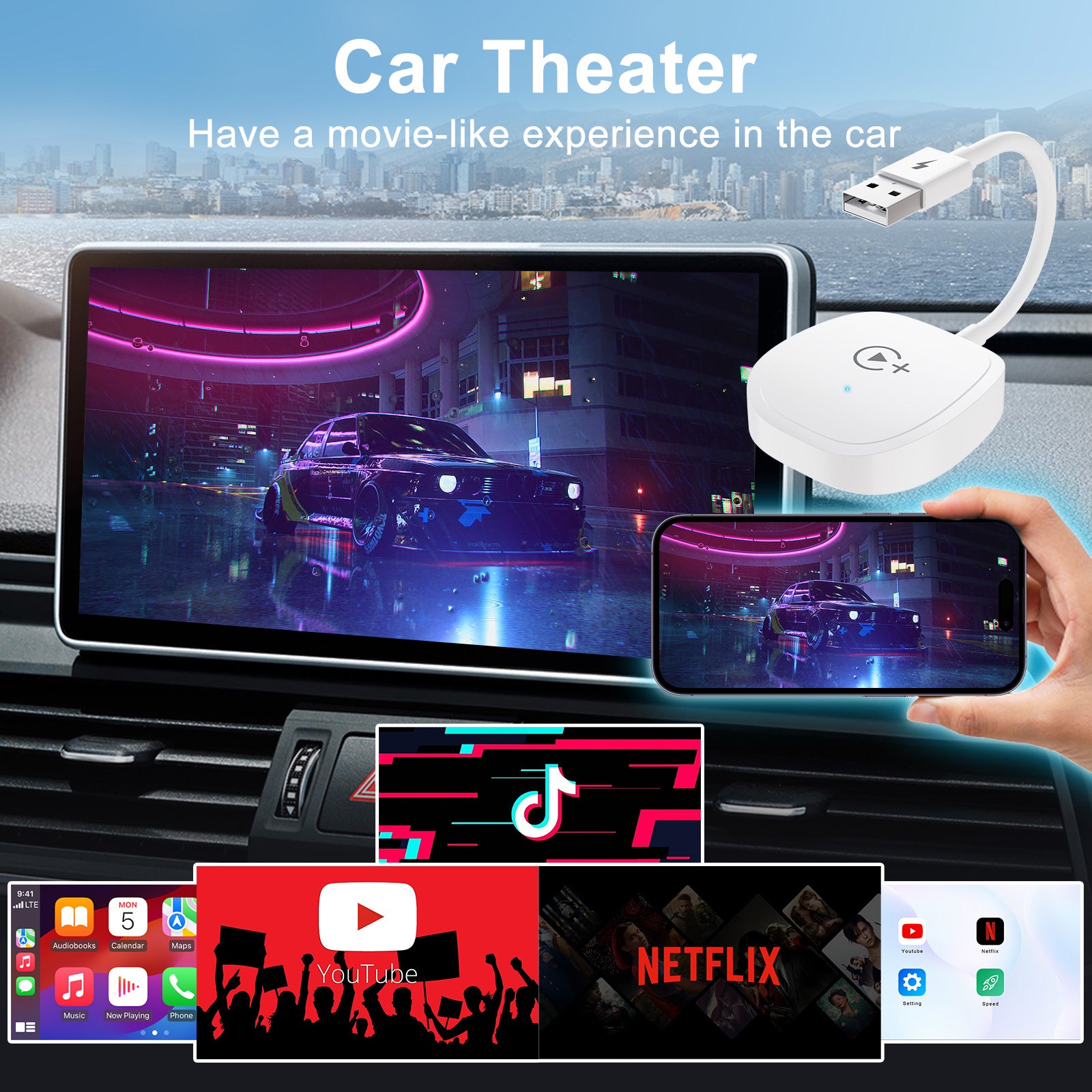 020-7+ Wireless Video / Car Play Adapter Car System Wired to Wireless Car Player Supports YouTube / Netflix / TikTok