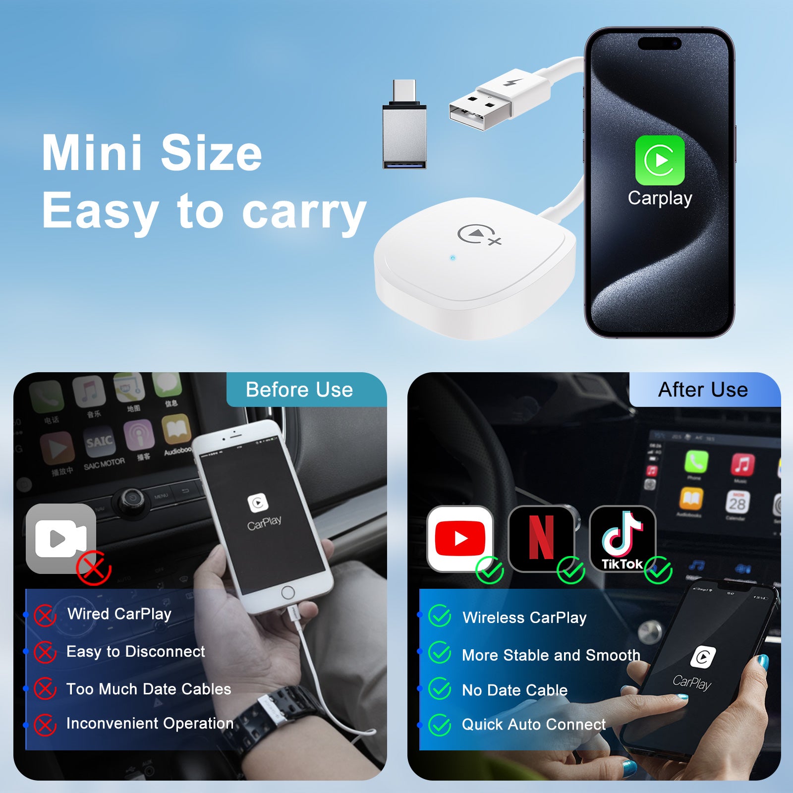020-7+ Wireless Video / Car Play Adapter Car System Wired to Wireless Car Player Supports YouTube / Netflix / TikTok