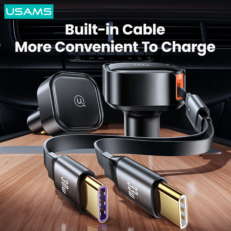 USAMS US-CC220 C41 PD 30W Phone Fast Charging Car Charger with Retractable Dual Type-C Cable