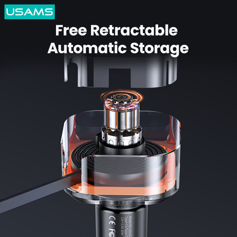 USAMS US-CC220 C41 PD 30W Phone Fast Charging Car Charger with Retractable Dual Type-C Cable