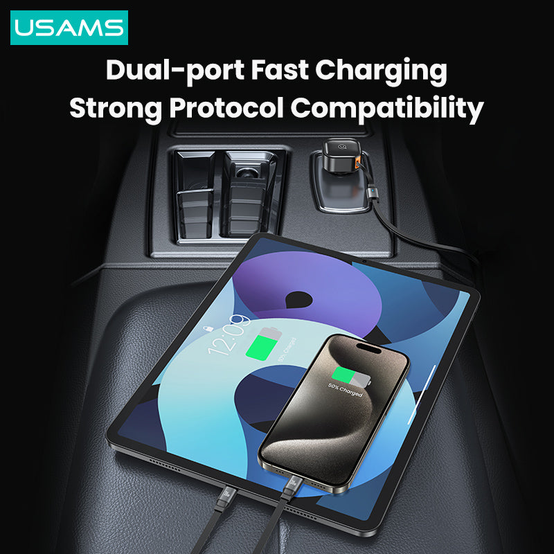 USAMS US-CC220 C41 PD 30W Phone Fast Charging Car Charger with Retractable Dual Type-C Cable