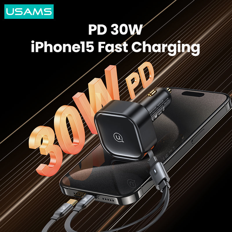 USAMS US-CC220 C41 PD 30W Phone Fast Charging Car Charger with Retractable Dual Type-C Cable
