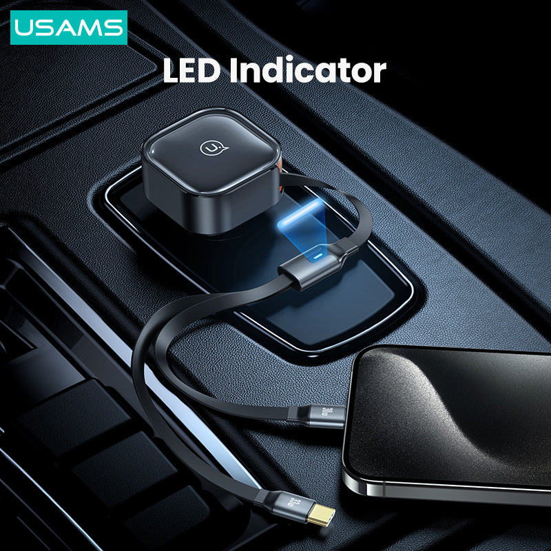 USAMS US-CC220 C41 PD 30W Phone Fast Charging Car Charger with Retractable Dual Type-C Cable