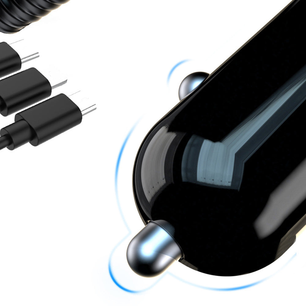 R3XK QC3.0 USB Phone Charging Adapter Digital Display Car Charger with 3-in-1 Spring Cable