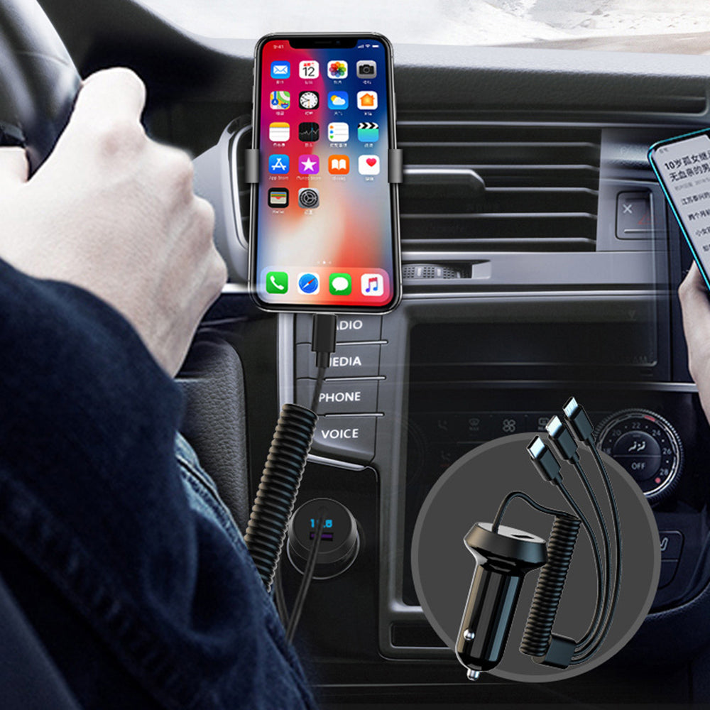 R3XK QC3.0 USB Phone Charging Adapter Digital Display Car Charger with 3-in-1 Spring Cable