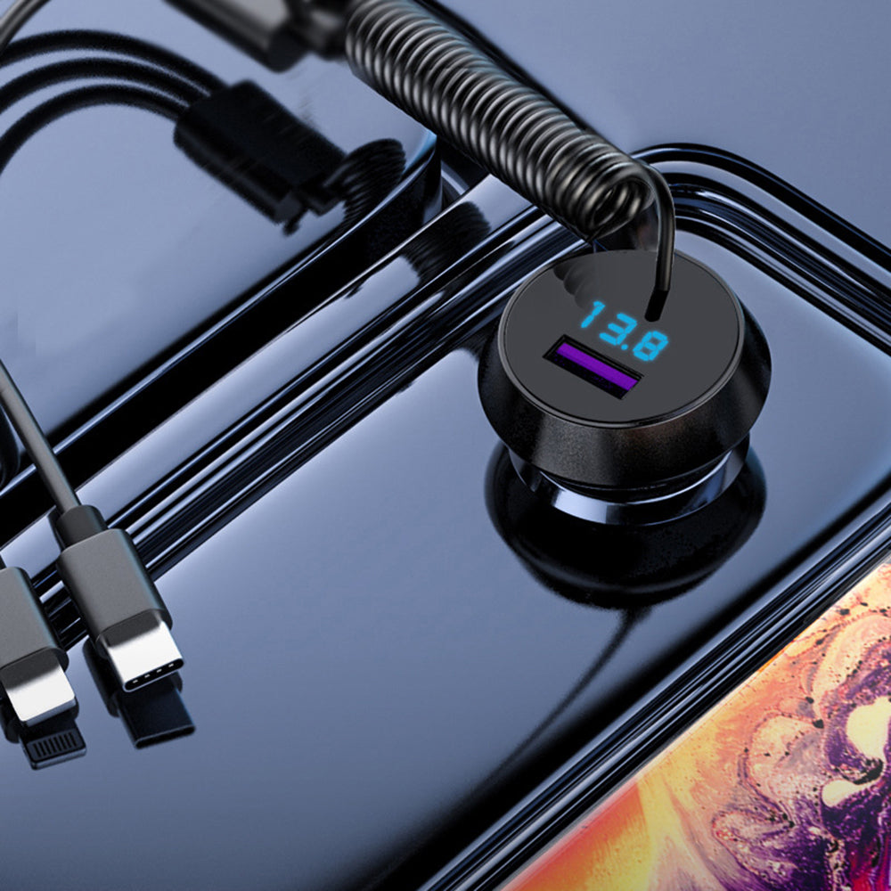 R3XK QC3.0 USB Phone Charging Adapter Digital Display Car Charger with 3-in-1 Spring Cable