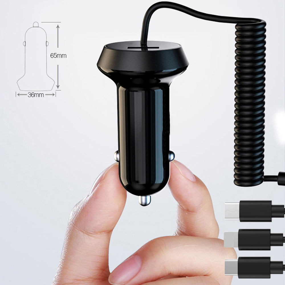 R3XK QC3.0 USB Phone Charging Adapter Digital Display Car Charger with 3-in-1 Spring Cable
