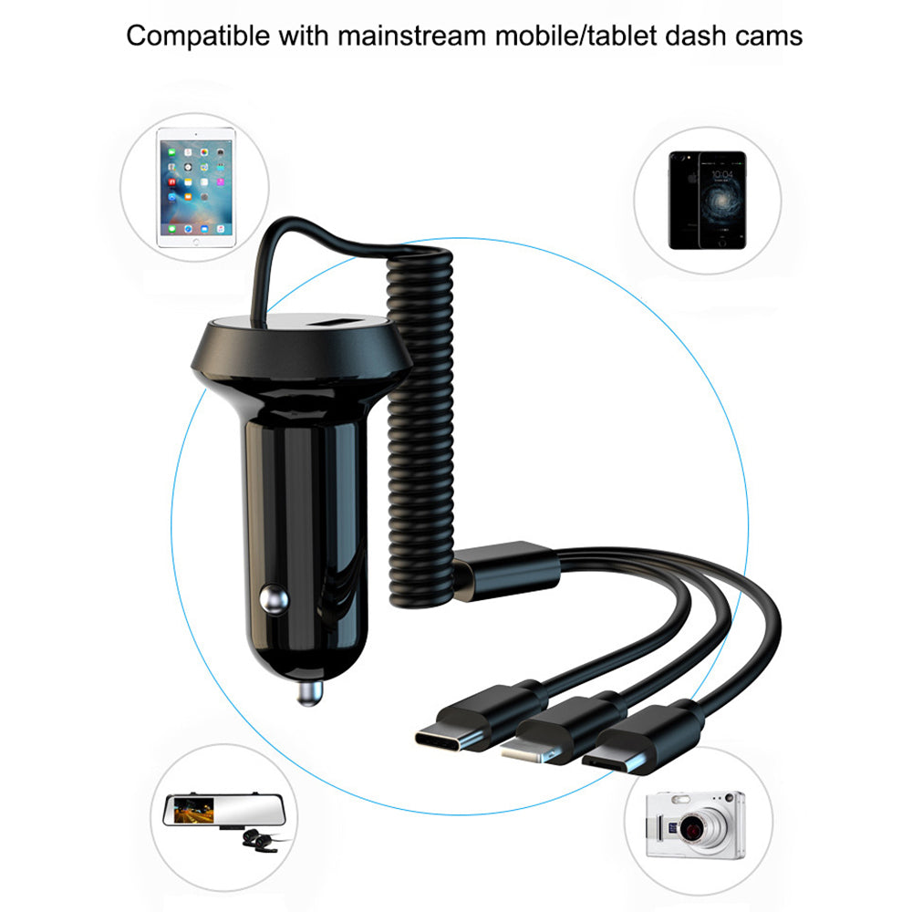 R3XK QC3.0 USB Phone Charging Adapter Digital Display Car Charger with 3-in-1 Spring Cable