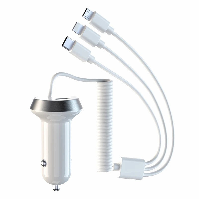 R3XK QC3.0 USB Phone Charging Adapter Digital Display Car Charger with 3-in-1 Spring Cable