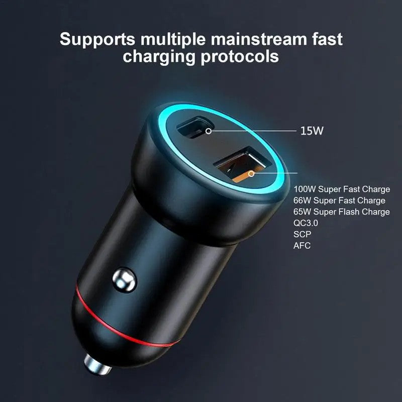 P3 100W Fast Charging Type-C+USB Car Charger with 3-in-1 Cable for Apple / Huawei / Xiaomi