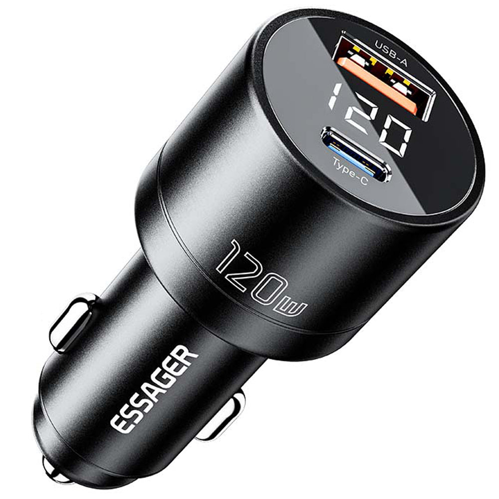 ESSAGER FSJ-009 120W USB+Type-C Aluminum Alloy Adapter Voltage Digital Display Car Charger