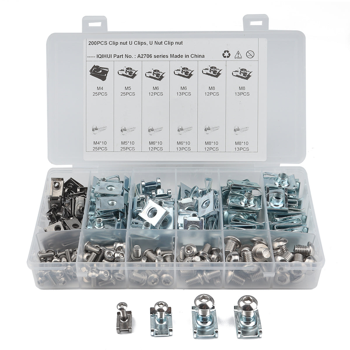 A2706 200Pcs M4 M5 M6 M8 Assorted Quick Clip Fastener U Nut and Bolt with Box