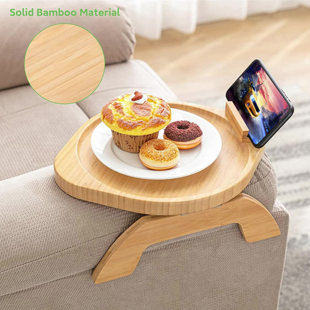 lc823 Couch Arm Drink Snack Bamboo Tray Clip-on Sofa Armrest Table with Rotating Phone Holder