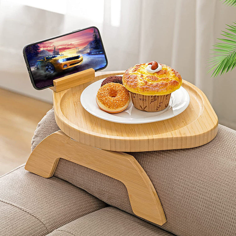lc823 Couch Arm Drink Snack Bamboo Tray Clip-on Sofa Armrest Table with Rotating Phone Holder