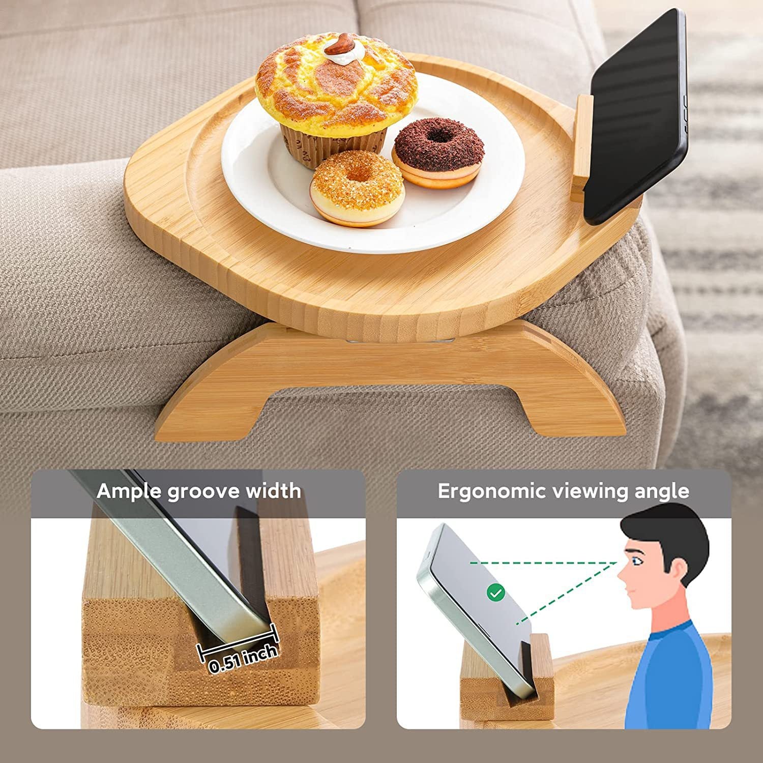 lc823 Couch Arm Drink Snack Bamboo Tray Clip-on Sofa Armrest Table with Rotating Phone Holder