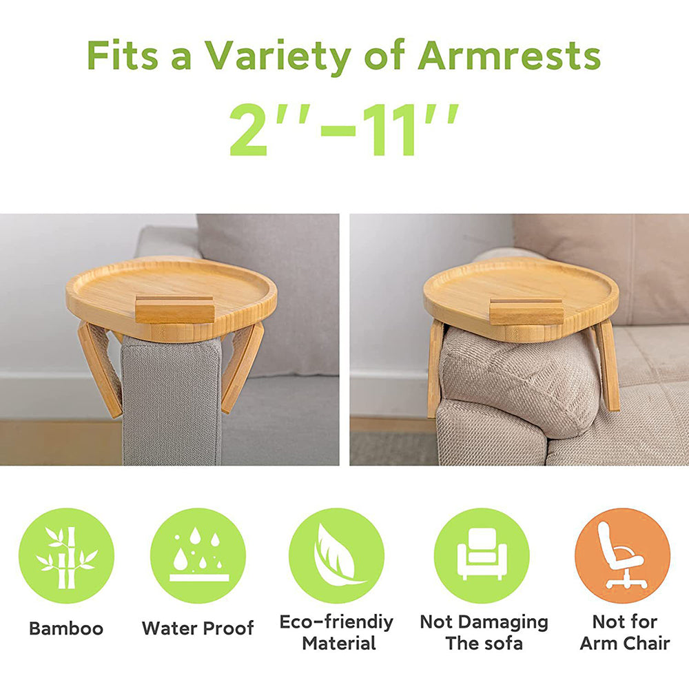 lc823 Couch Arm Drink Snack Bamboo Tray Clip-on Sofa Armrest Table with Rotating Phone Holder