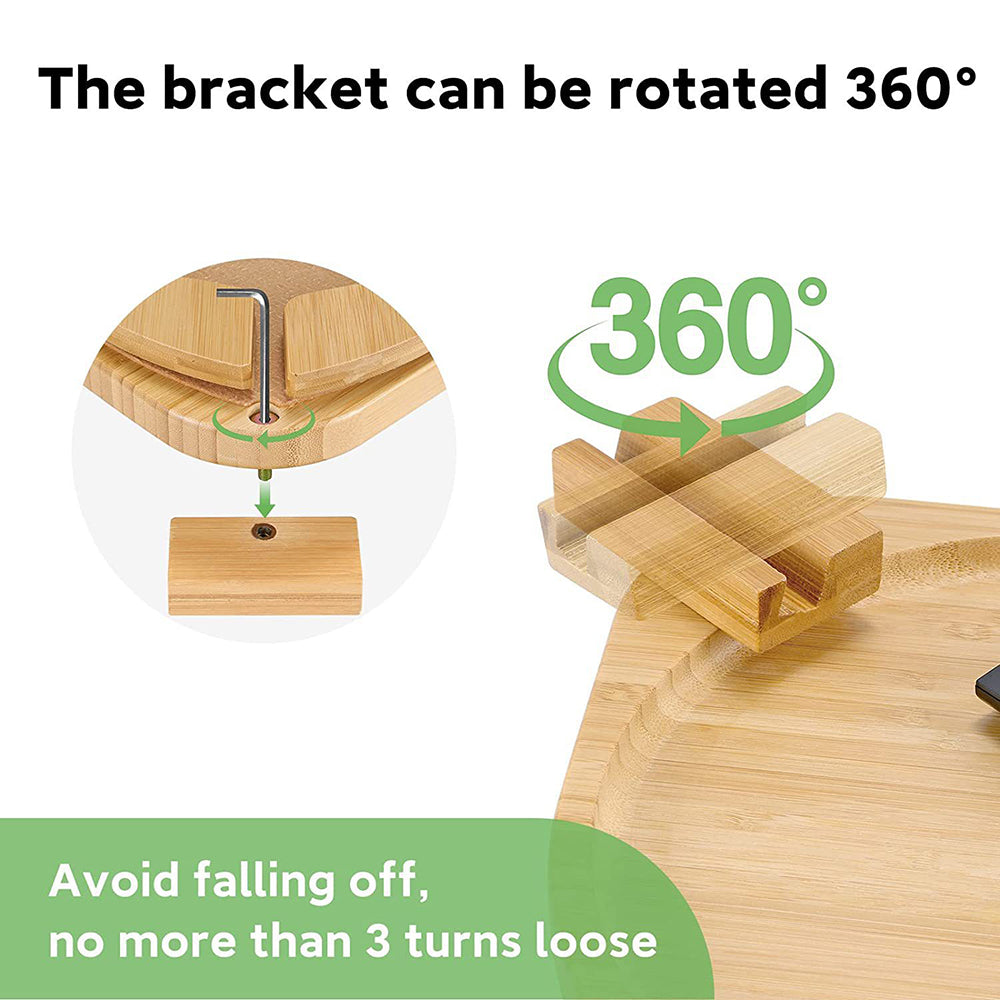 lc823 Couch Arm Drink Snack Bamboo Tray Clip-on Sofa Armrest Table with Rotating Phone Holder