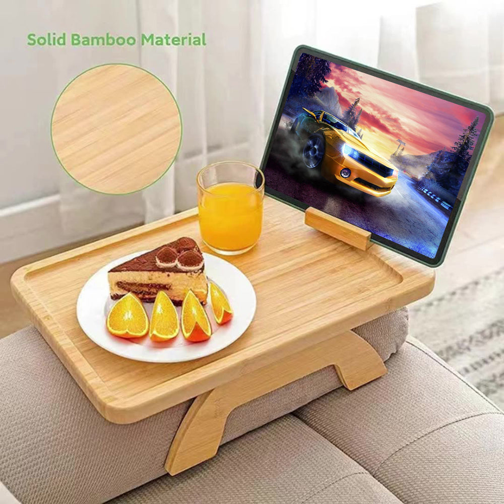 lc0823-1 Clip-on Sofa Armrest Table Couch Arm Drink Snack Bamboo Tray with Rotating Phone Holder