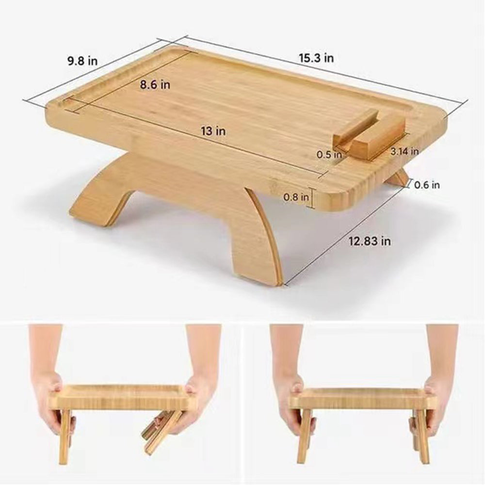 lc0823-1 Clip-on Sofa Armrest Table Couch Arm Drink Snack Bamboo Tray with Rotating Phone Holder