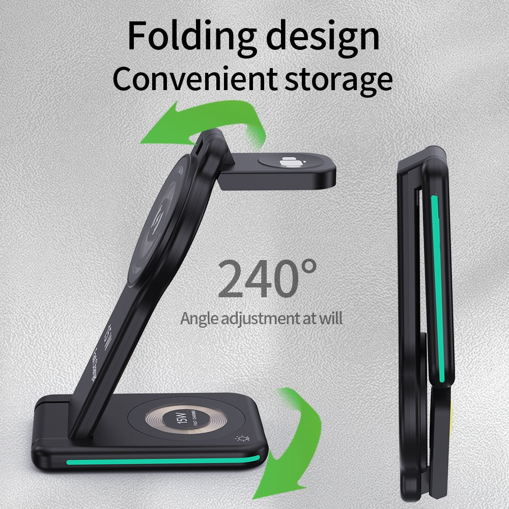 H60 Foldable Night Light Magnetic Wireless Charger for iPhone 12-15 Series / iWatch / AirPods Charging Stand