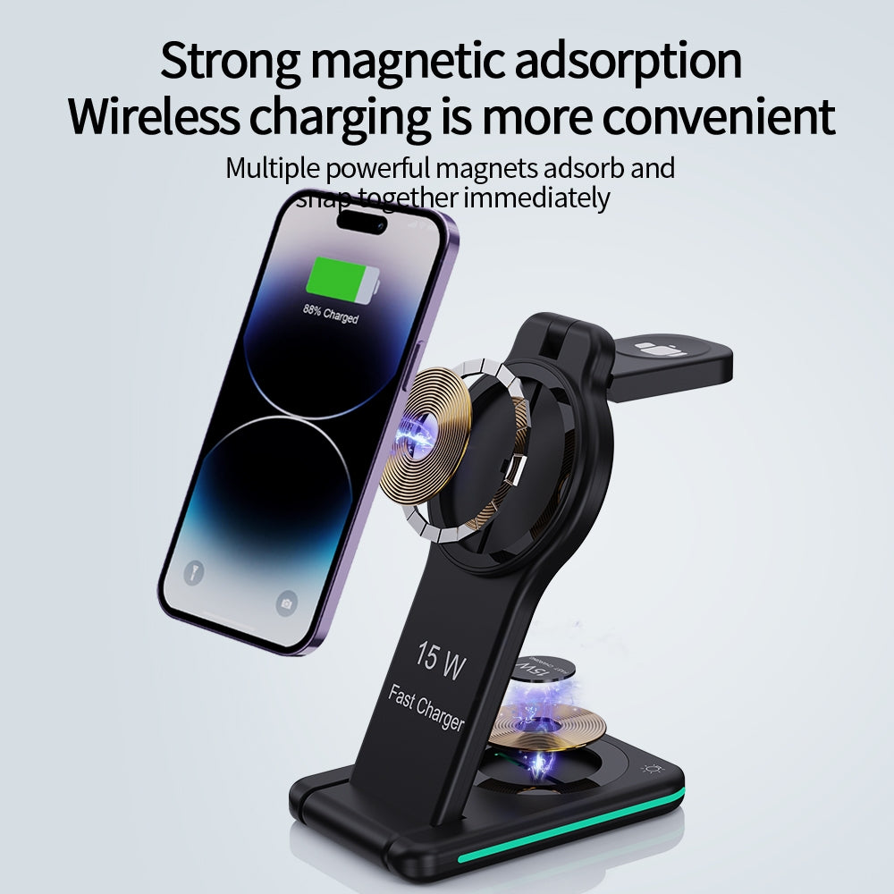 H60 Foldable Night Light Magnetic Wireless Charger for iPhone 12-15 Series / iWatch / AirPods Charging Stand