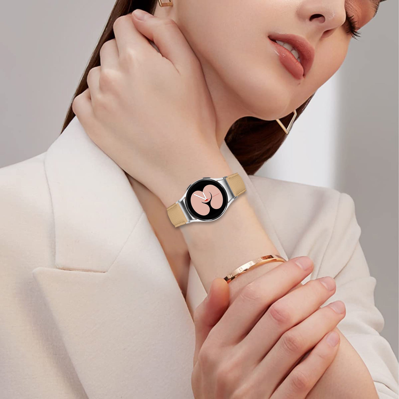 Wrist Strap with Silver Professional Connector For Samsung Galaxy Watch4 / Watch5 40mm / 44mm / 45mm Genuine Leather Watch Band Camel