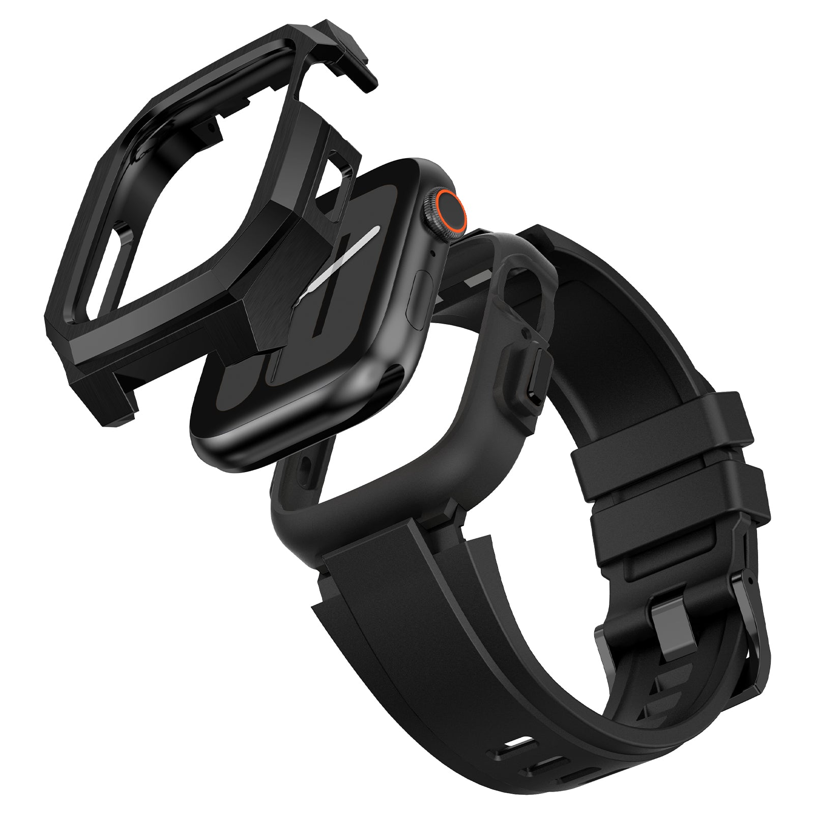 For Apple Watch SE (2023) SE (2022) SE Series 6 5 4 44mm Fluororubber Strap with Stainless Steel Watch Case - Black