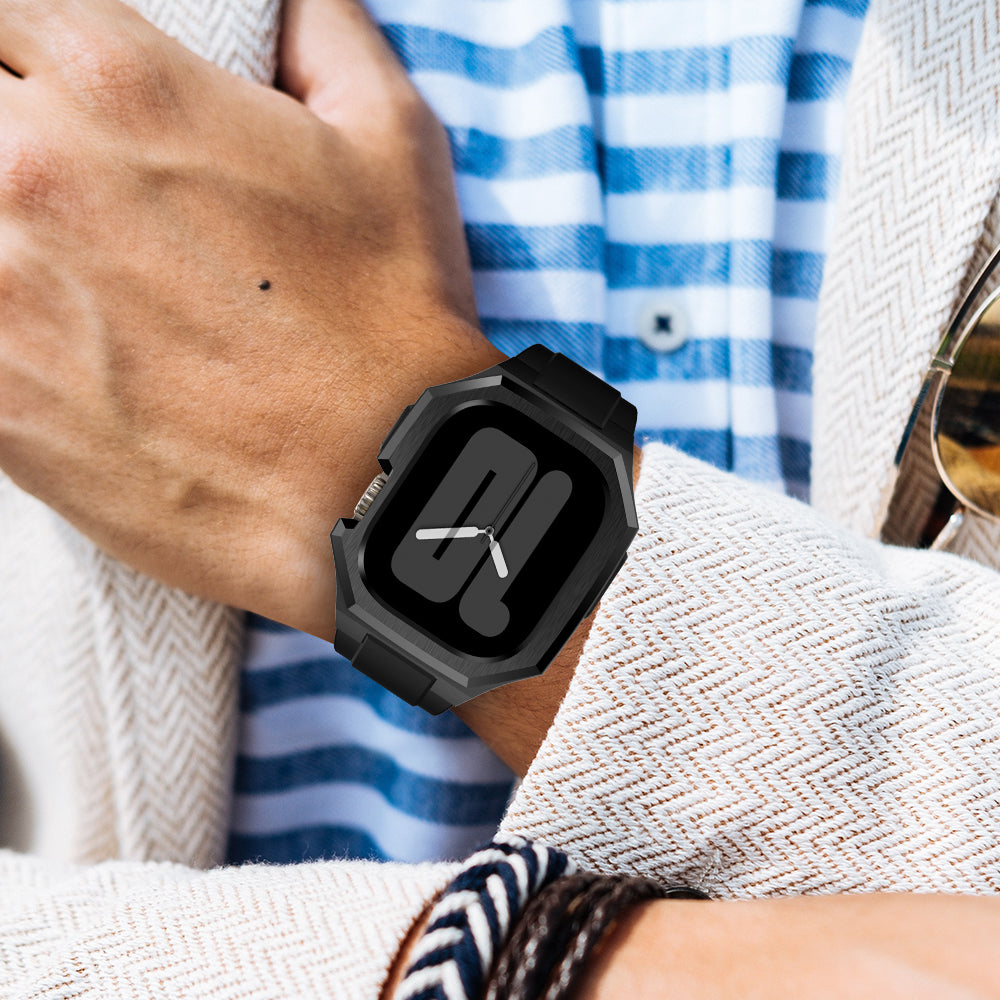 For Apple Watch SE (2023) SE (2022) SE Series 6 5 4 44mm Fluororubber Strap with Stainless Steel Watch Case - Black