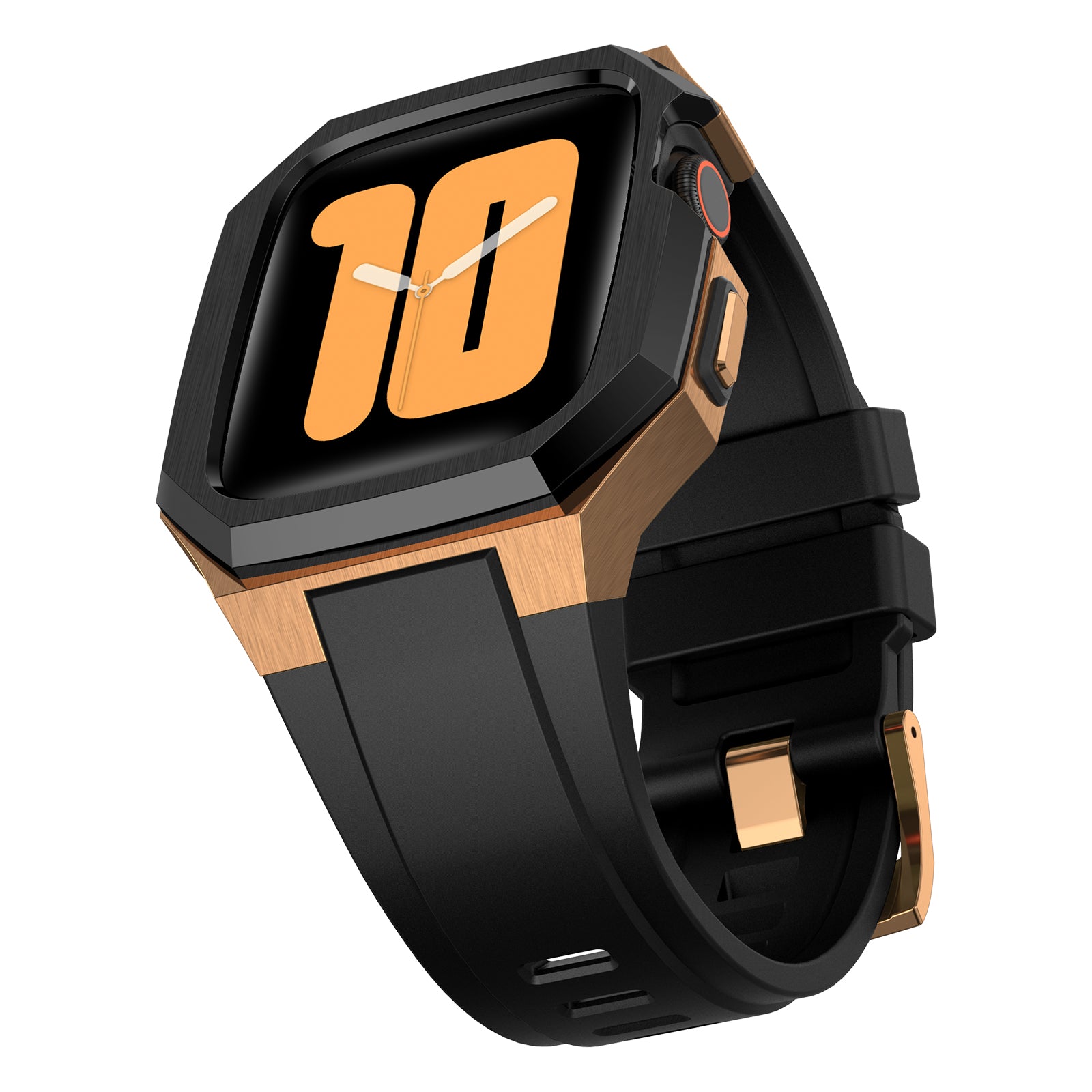 For Apple Watch Series 9 8 7 45mm Band Fluororubber Watch Strap with Stainless Steel Bezel Case - Black  /  Gold