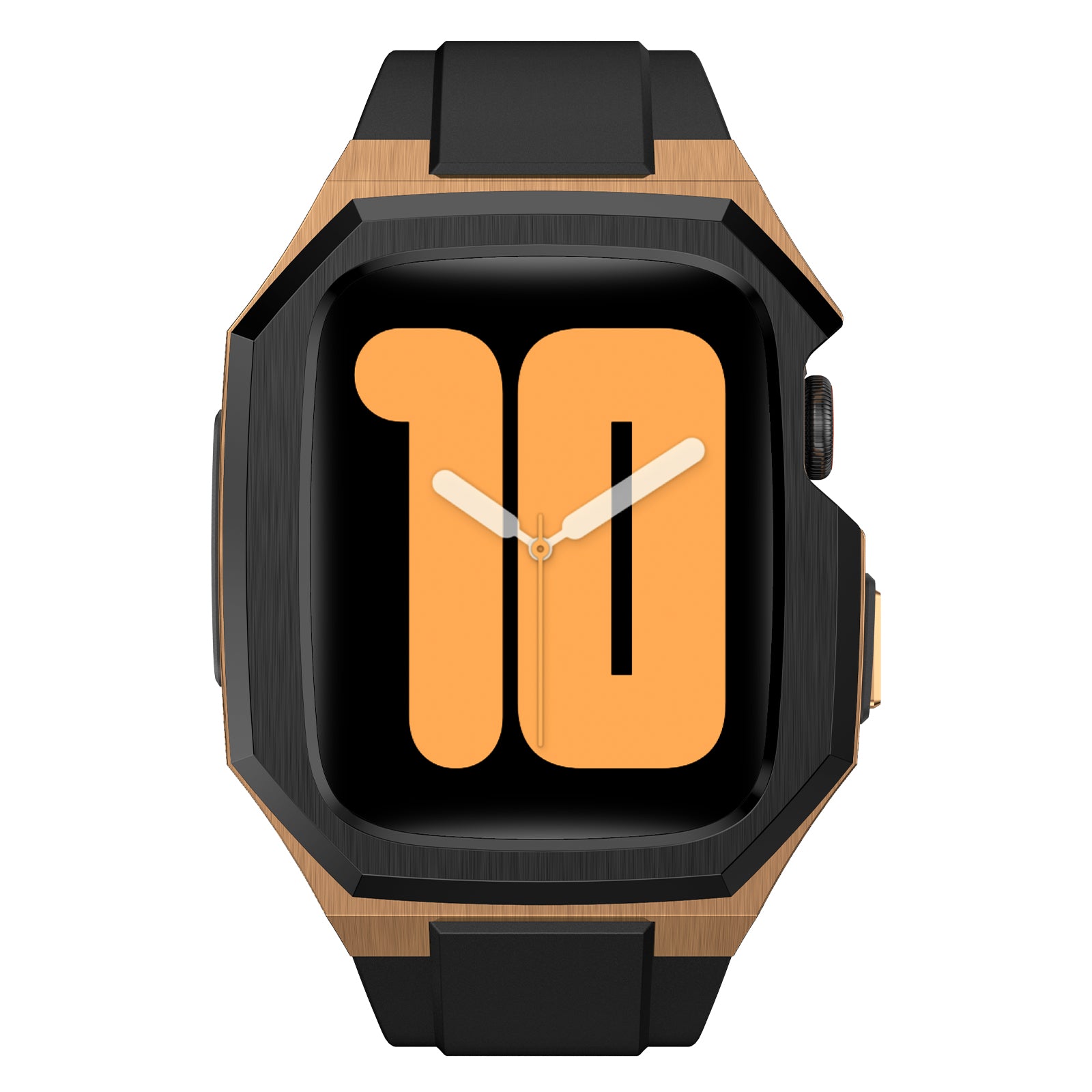 For Apple Watch Series 9 8 7 45mm Band Fluororubber Watch Strap with Stainless Steel Bezel Case - Black  /  Gold