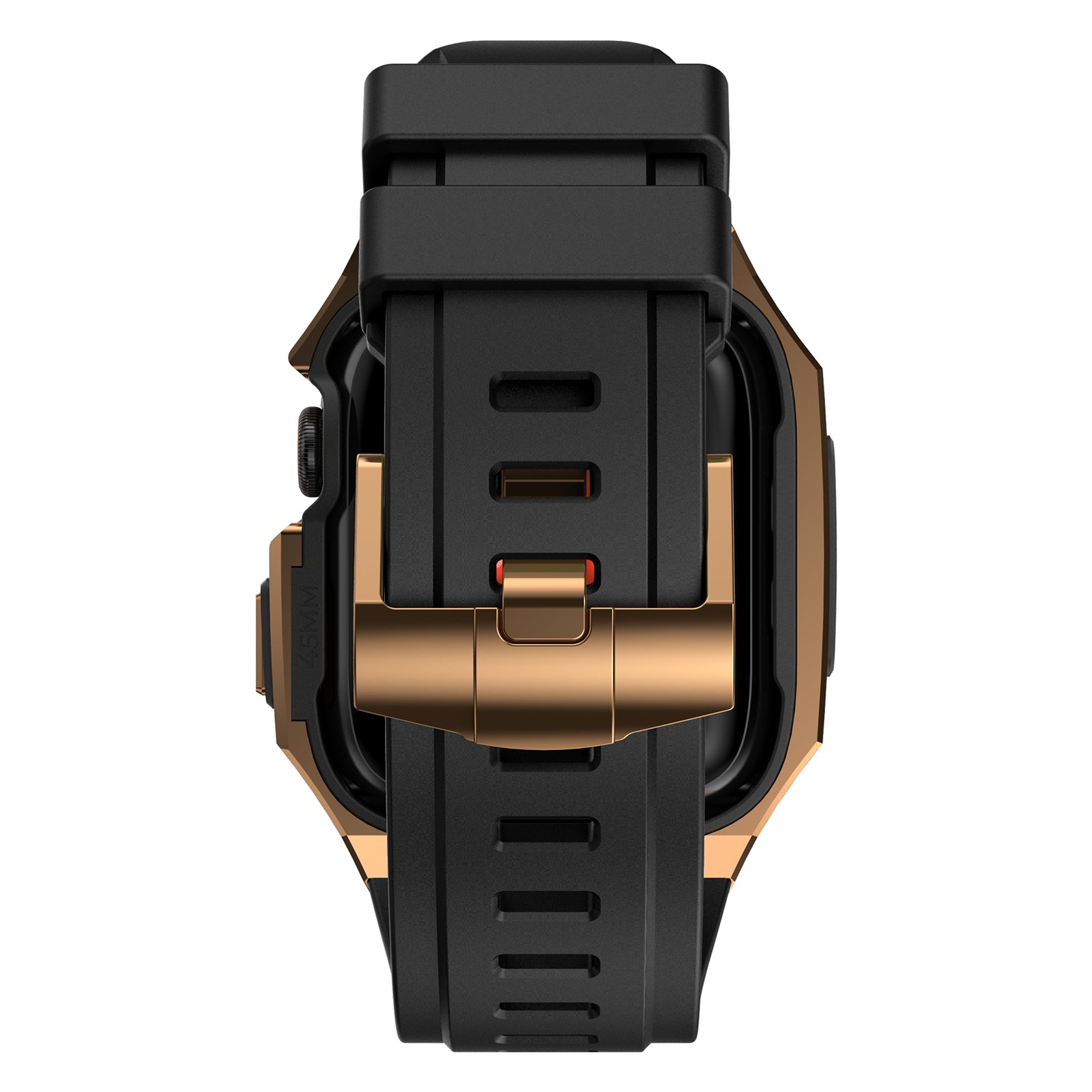 For Apple Watch Series 9 8 7 45mm Band Fluororubber Watch Strap with Stainless Steel Bezel Case - Black  /  Gold