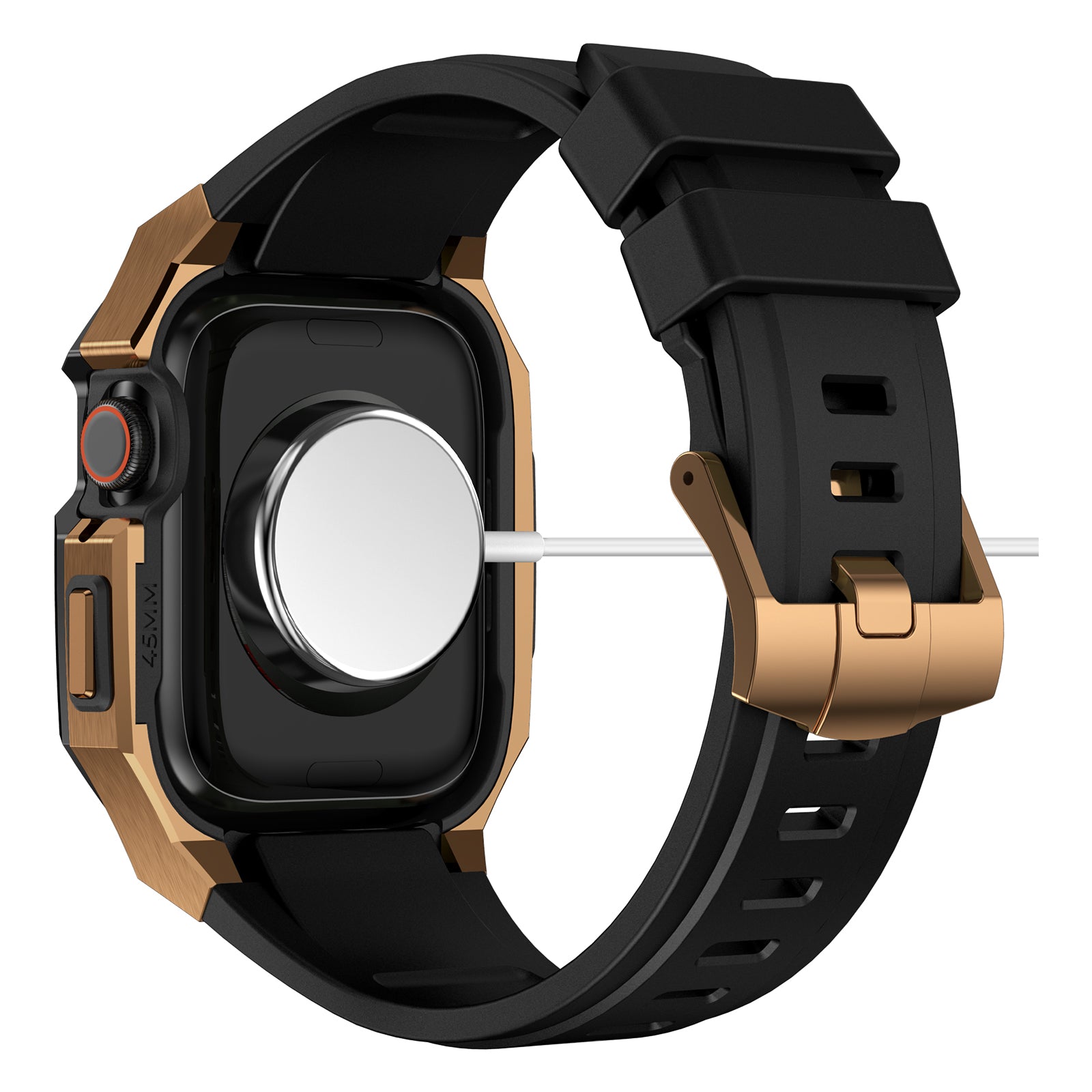 For Apple Watch Series 9 8 7 45mm Band Fluororubber Watch Strap with Stainless Steel Bezel Case - Black  /  Gold