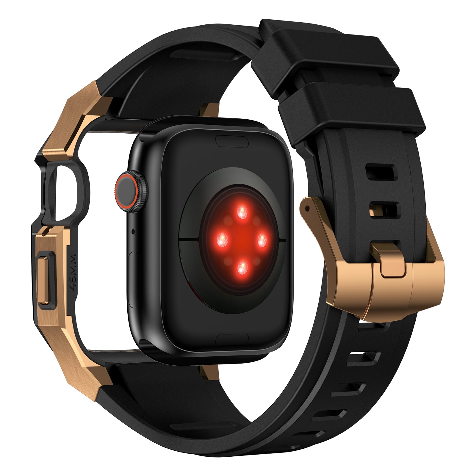 For Apple Watch Series 9 8 7 45mm Band Fluororubber Watch Strap with Stainless Steel Bezel Case - Black  /  Gold