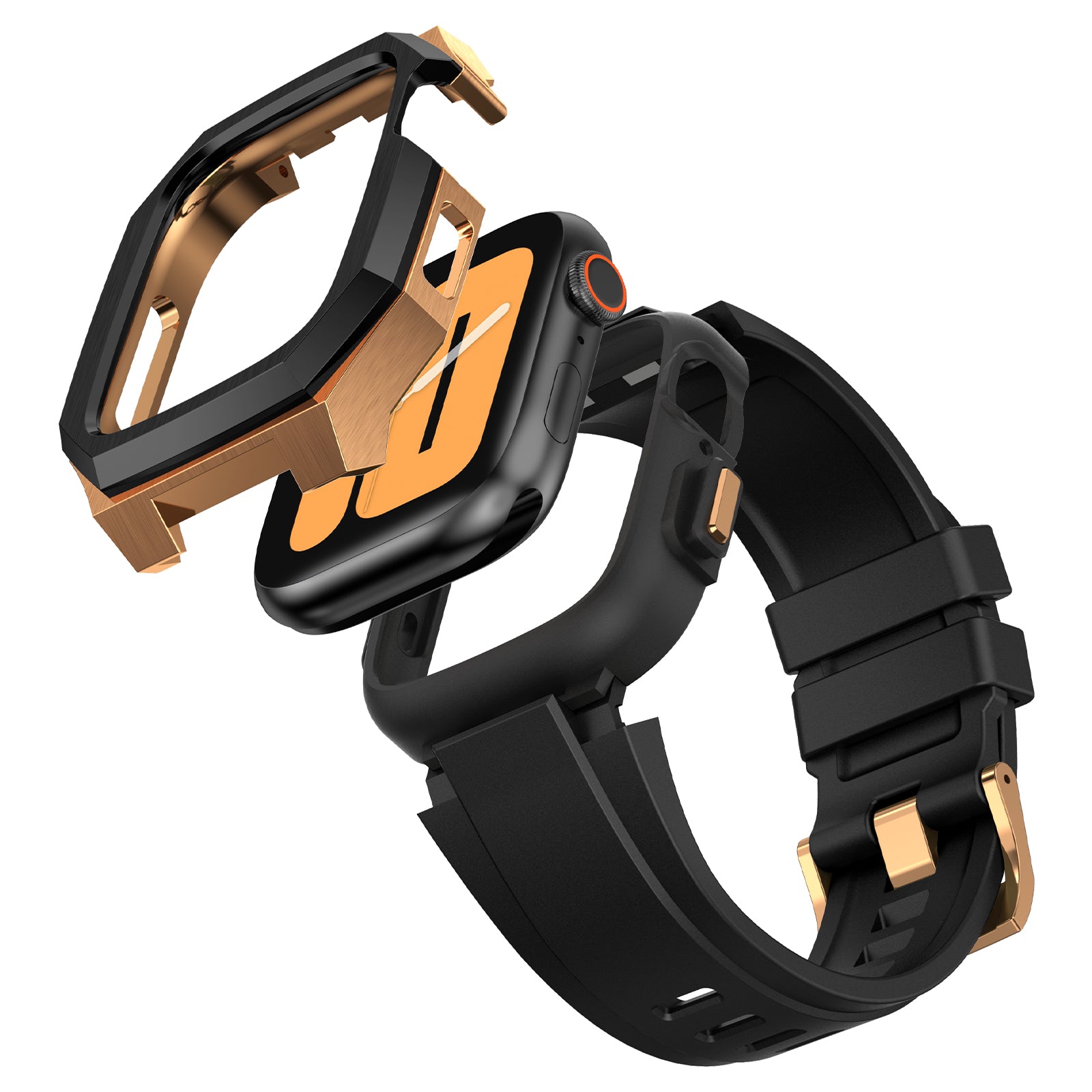 For Apple Watch Series 9 8 7 45mm Band Fluororubber Watch Strap with Stainless Steel Bezel Case - Black  /  Gold