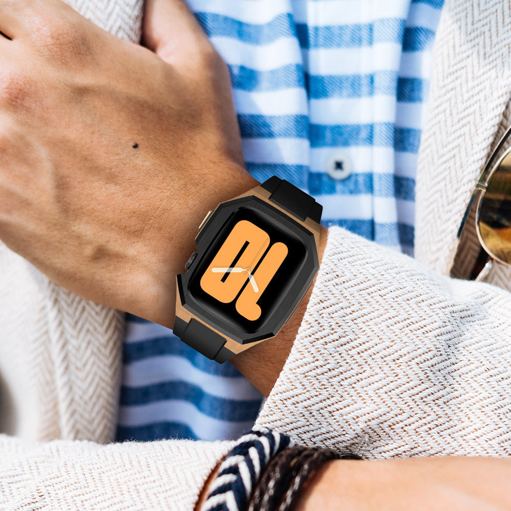 For Apple Watch Series 9 8 7 45mm Band Fluororubber Watch Strap with Stainless Steel Bezel Case - Black  /  Gold