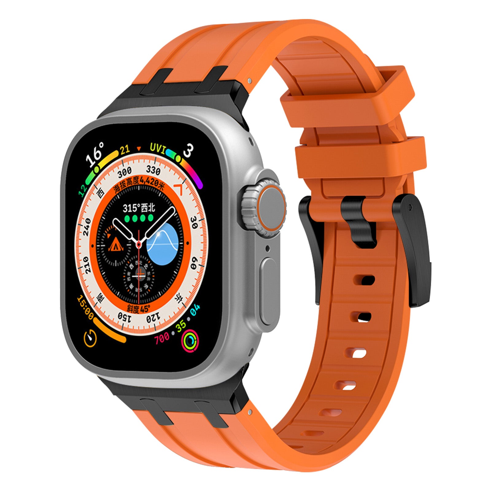 For Apple Watch Ultra 2 Ultra 49mm / Series 9 8 7 45mm / 6 5 4 SE (2023) SE (2022) SE 44mm / 3 2 1 42mm Liquid Silicone Watch Band - Black+Orange
