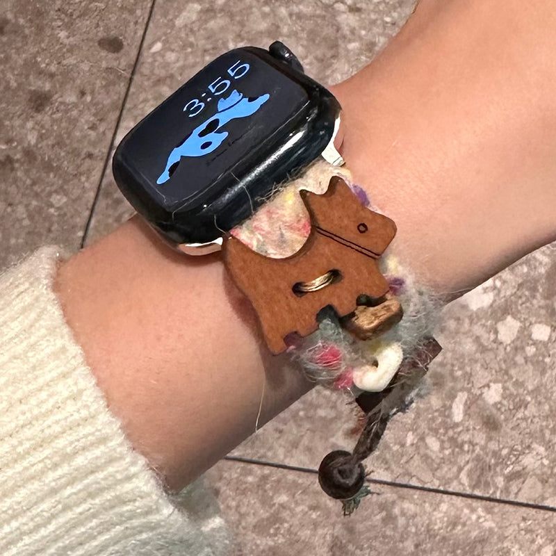 For Apple Watch Series 9 8 7 41mm / 6 5 4 SE (2023) SE (2022) SE 40mm / 3 2 1 38mm Wristband Drawstring Woolen Watch Strap - Dog