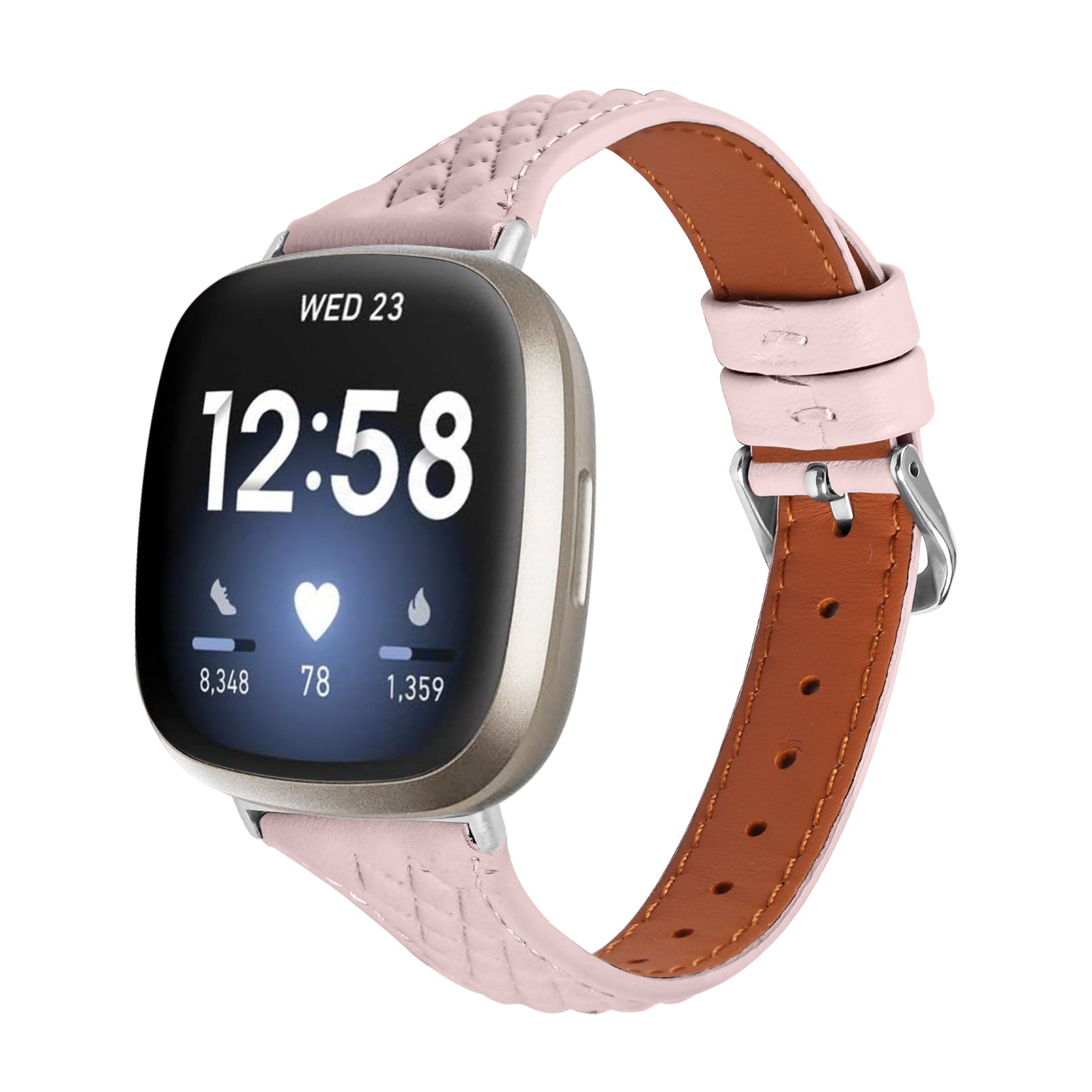 For Fitbit Versa 3 / Sense Top-layer Cow Leather Rhombus Design Watch Strap - Pink